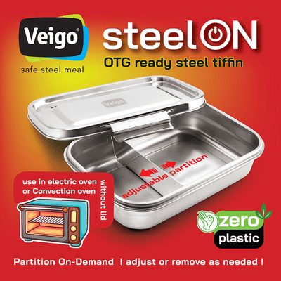 Steel - On: Oven - Safe Steel Lunch Box – Kitchen Tools on Brown Living™. SKU: Veigo_SteelOn_930_Partition. Img 4.