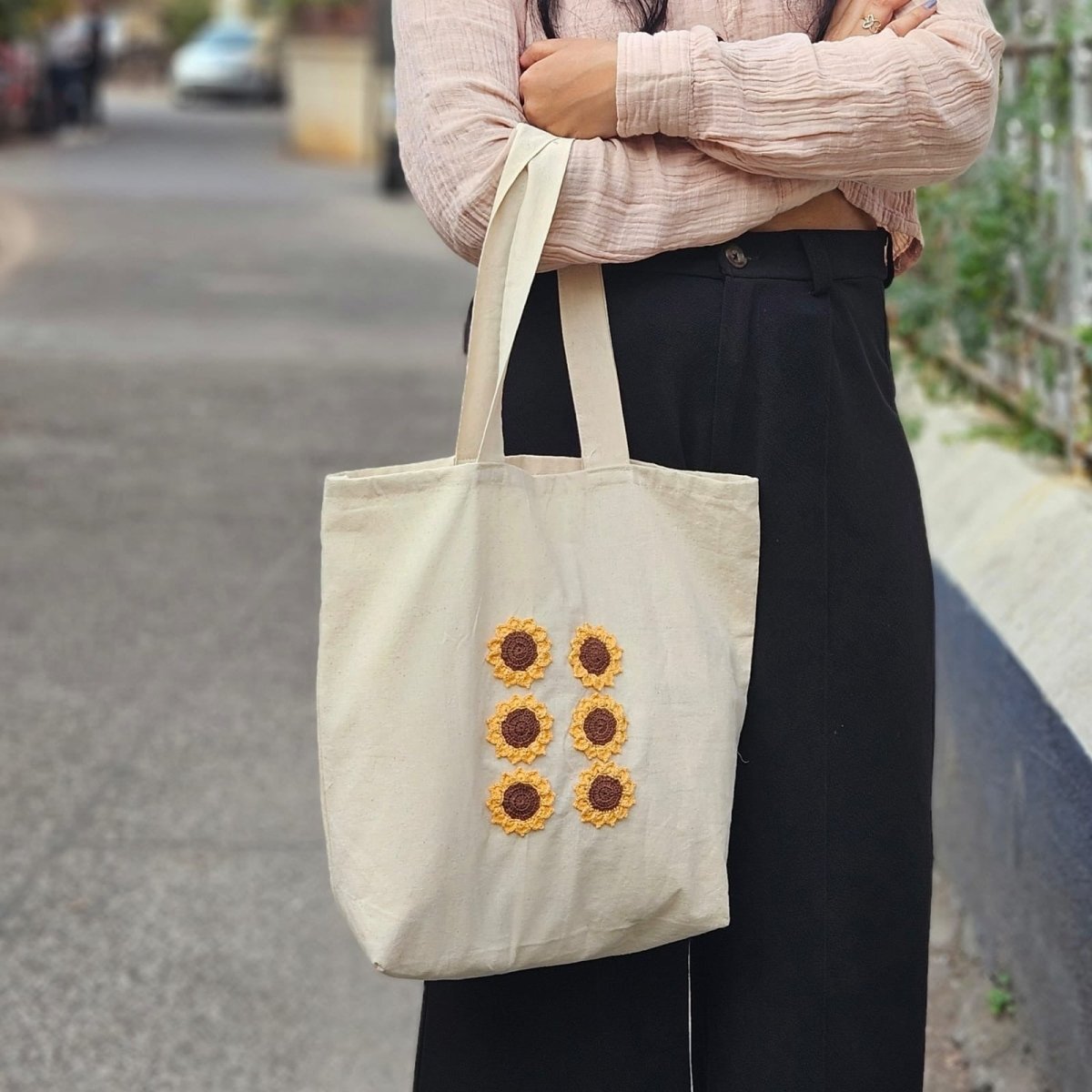 Sunflower Hand Crochet Tote Bags For Women | Verified Sustainable by Brown Living™