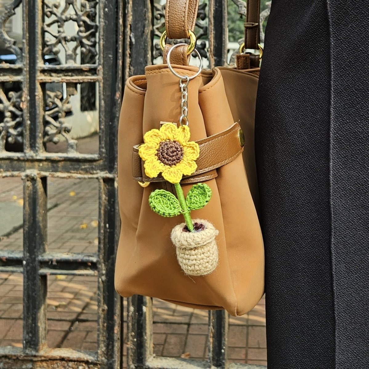 Sunflower Pot Keychain - Unique Handmade Crochet Keychain – Gift by Wishing Treasure available on Brown Living™. . SKU: WTSPK2. Img 1.