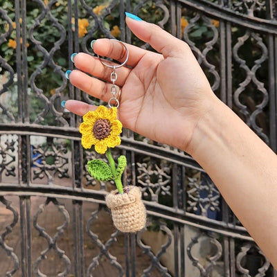 Sunflower Pot Keychain - Unique Handmade Crochet Keychain – Gift on Brown Living™. SKU: WTSPK2. Img 2.