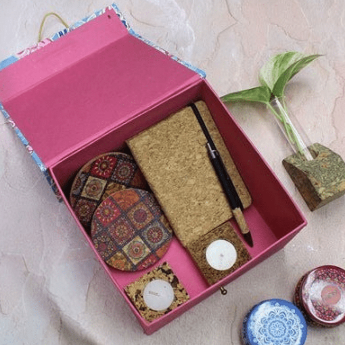 Sustainable Gift Hamper - Cork Planter, Cork Diary & Pen, Cork Coasters, Cork T Light & Scented Candles | Verified Sustainable by Brown Living™