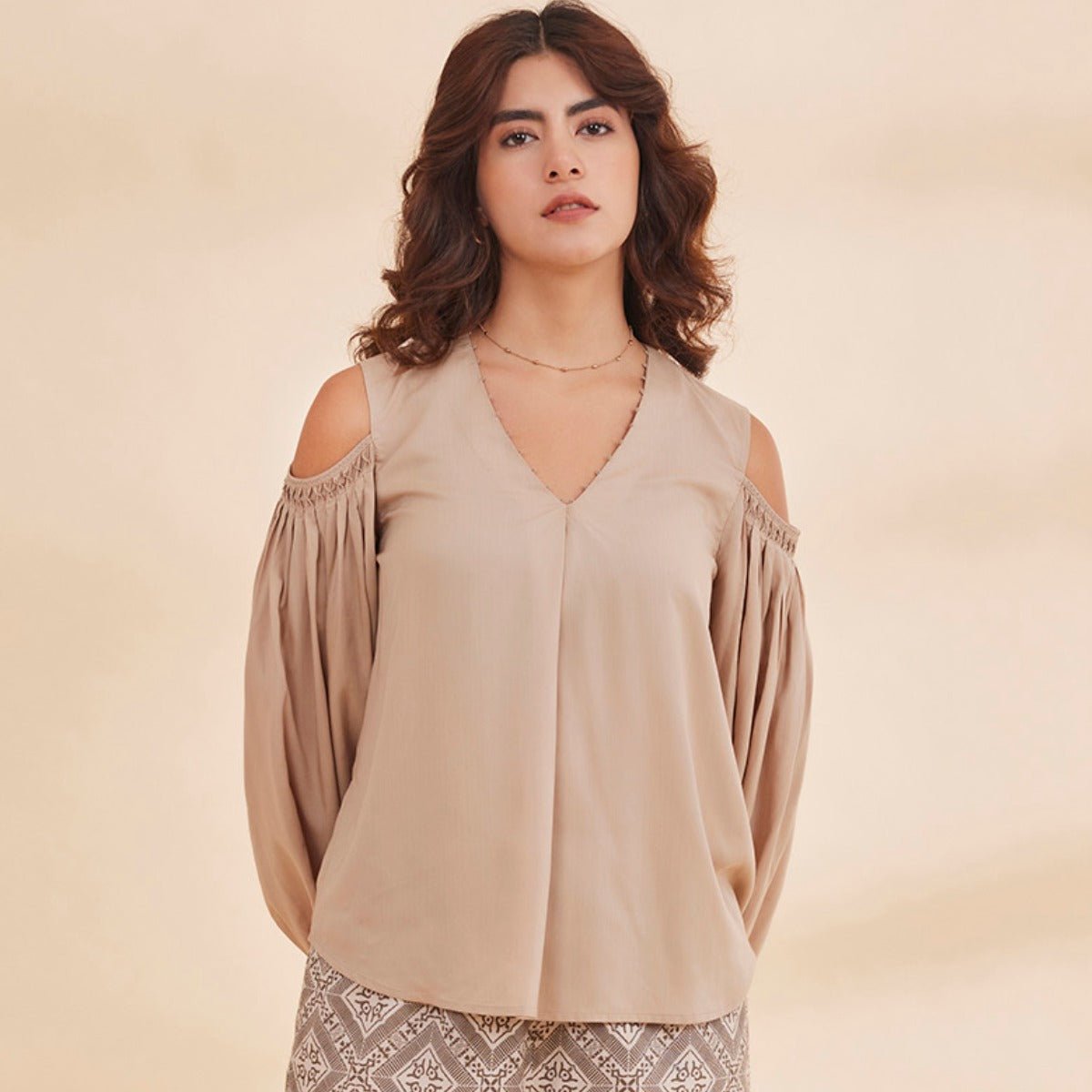 Syrah - Beige Organic Bamboo Cold Shoulder Top | Verified Sustainable by Brown Living™