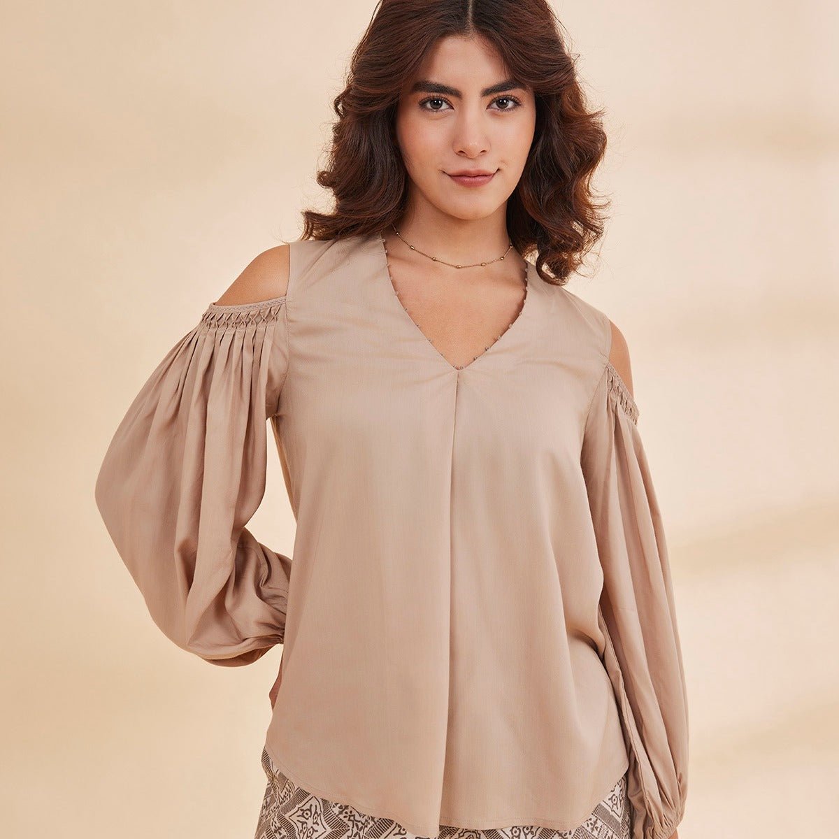 Syrah - Beige Organic Bamboo Cold Shoulder Top | Verified Sustainable by Brown Living™