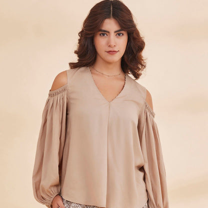 Syrah - Beige Organic Bamboo Cold Shoulder Top | Verified Sustainable by Brown Living™