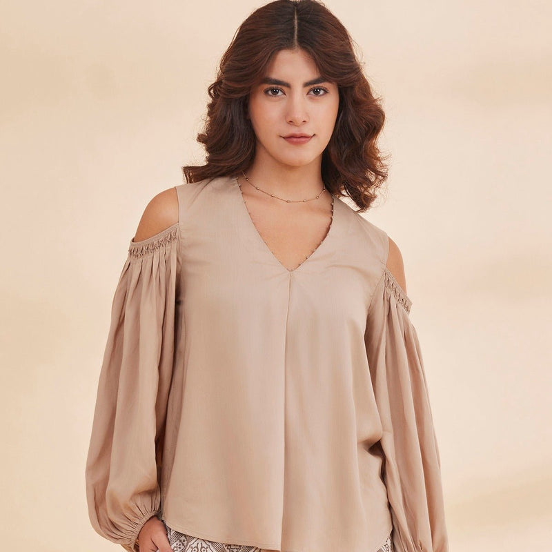 Syrah - Beige Organic Bamboo Cold Shoulder Top | Verified Sustainable by Brown Living™