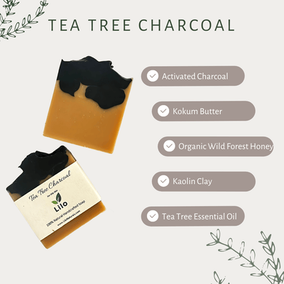 Tea Tree Charcoal Bar Soap for Oily Skin with Honey & Kokum – Body Soap on Brown Living™. SKU: S10005. Img 2.