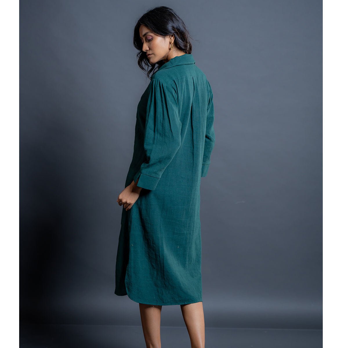 Teal Whispers Handwoven Kala Cotton Shirt Dress | Verified Sustainable by Brown Living™