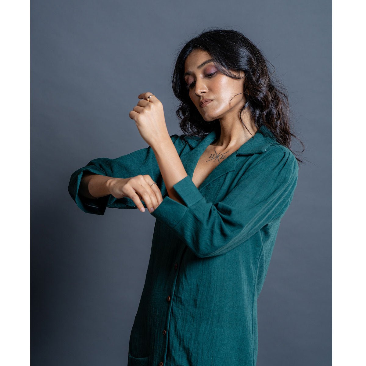 Teal Whispers Handwoven Kala Cotton Shirt Dress | Verified Sustainable by Brown Living™