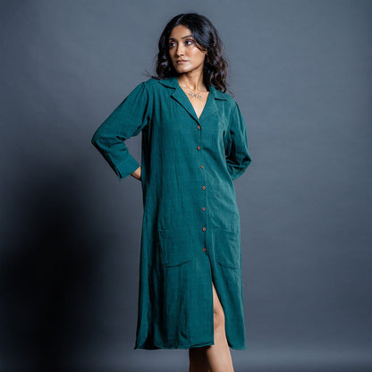 Teal Whispers Handwoven Kala Cotton Shirt Dress | Verified Sustainable by Brown Living™
