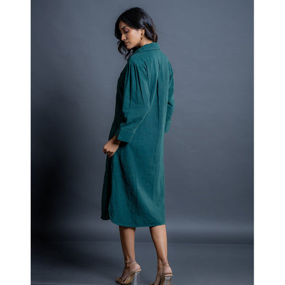 Teal Whispers Handwoven Kala Cotton Shirt Dress | Verified Sustainable by Brown Living™