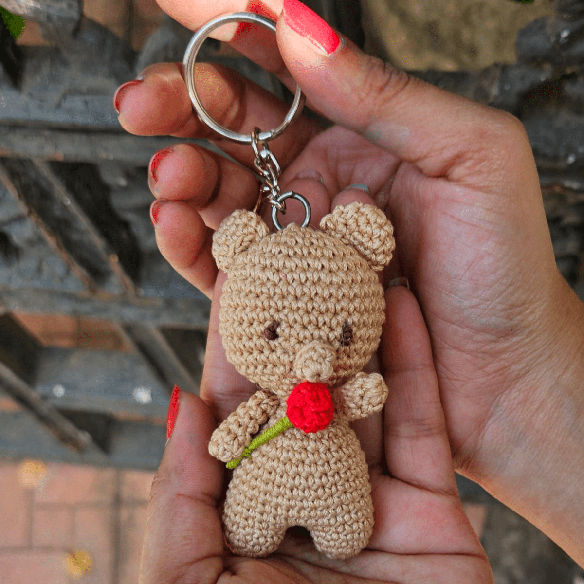 Teddy with Rose Keychain - Cute Handmade Crochet Charm | Verified Sustainable by Brown Living™