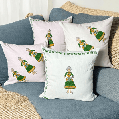 Thanjore Green Handblock Cushion Covers 24x24 inch – Set of 4 (Large) | Verified Sustainable by Brown Living™