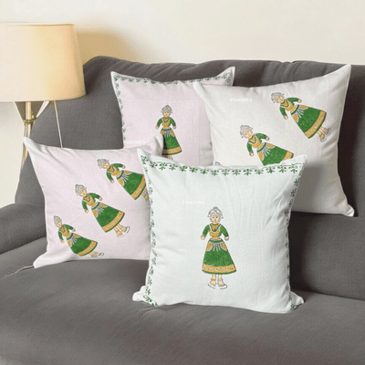 Thanjore Green Handblock Cushion Covers 24x24 inch – Set of 2 (Large) – Covers & Inserts on Brown Living™. SKU: CUSGREENDOLL24X24SET4. Img 1.