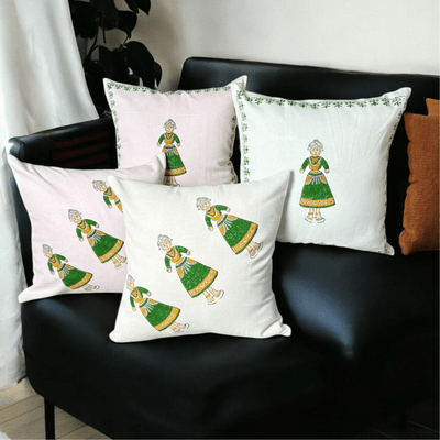 Thanjore Green Handblock Cushion Covers 24x24 inch – Set of 2 (Large) – Covers & Inserts on Brown Living™. SKU: CUSGREENDOLL24X24SET4. Img 4.