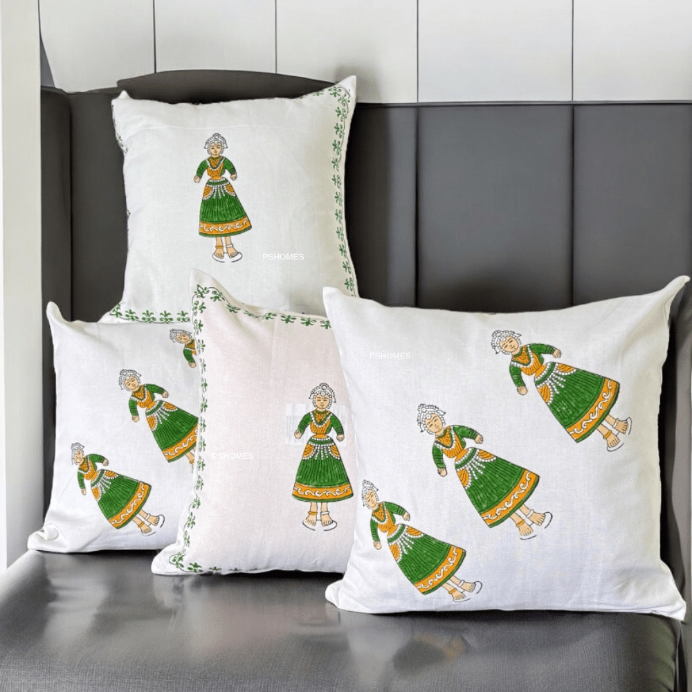 Thanjore Green Handblock Cushion Covers 24x24 inch – Set of 4 (Large) | Verified Sustainable by Brown Living™