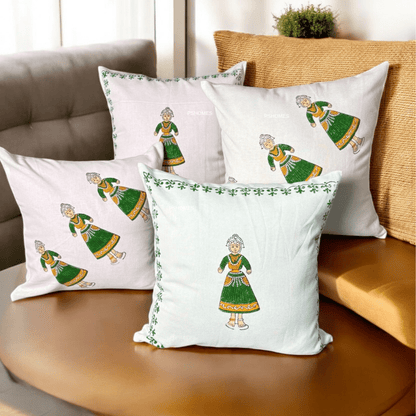 Thanjore Green Handblock Cushion Covers 24x24 inch – Set of 4 (Large) | Verified Sustainable by Brown Living™