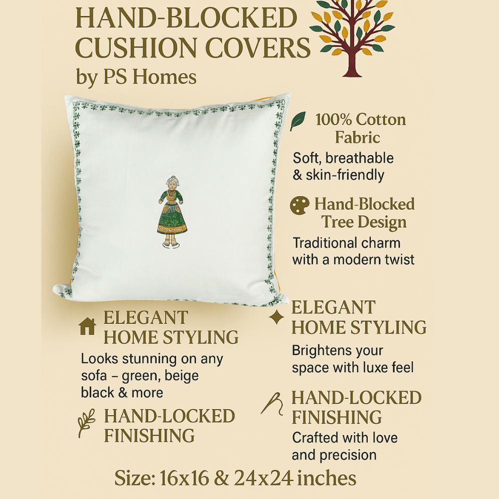 Thanjore Green Handblock Cushion Covers 24x24 inch – Set of 4 (Large) | Verified Sustainable by Brown Living™