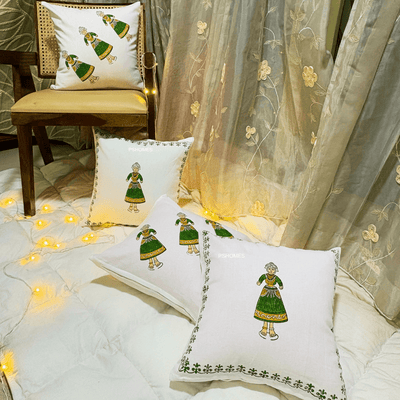 Thanjore Green Handblock Cushion Covers 24x24 inch – Set of 2 (Large) – Covers & Inserts on Brown Living™. SKU: CUSGREENDOLL24X24SET4. Img 2.