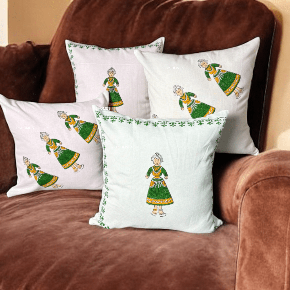 Thanjore Green Handblock Cushion Covers 24x24 inch – Set of 4 (Large) | Verified Sustainable by Brown Living™
