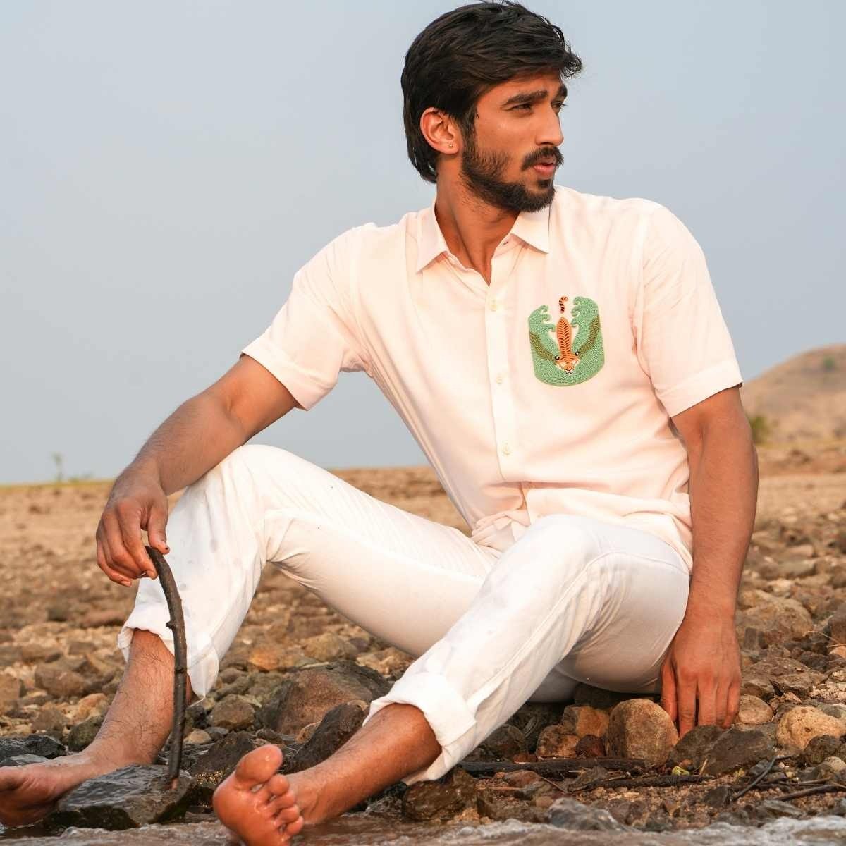 Tranquil Tiger Eco - Friendly Casual Shirt with Hand Embroidery | Verified Sustainable by Brown Living™