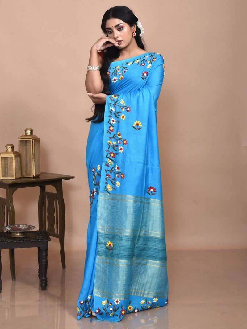 Turqoise Linen Saree with Floral Design Hand Embroidery | Verified Sustainable by Brown Living™