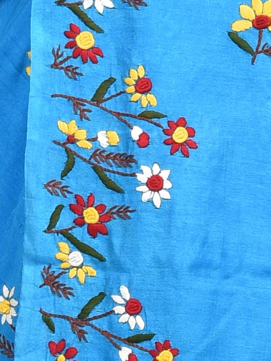 Turqoise Linen Saree with Floral Design Hand Embroidery | Verified Sustainable by Brown Living™