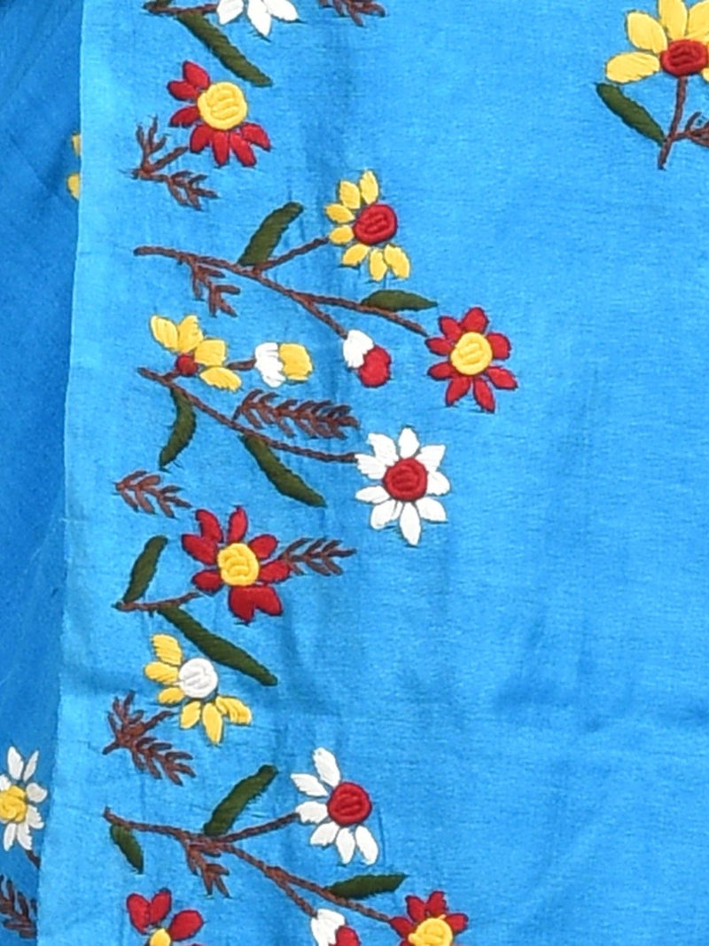 Turqoise Linen Saree with Floral Design Hand Embroidery | Verified Sustainable by Brown Living™