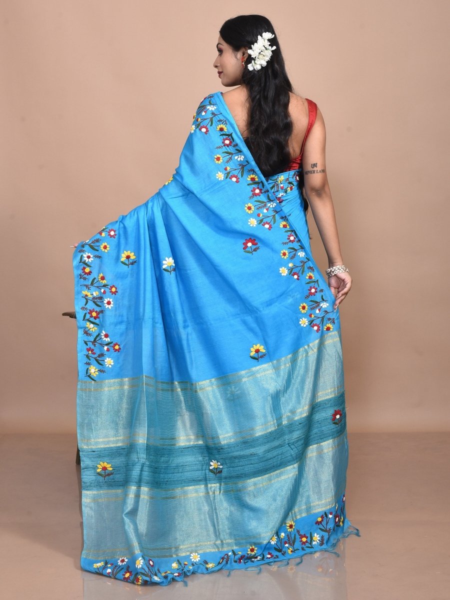 Turqoise Linen Saree with Floral Design Hand Embroidery | Verified Sustainable by Brown Living™