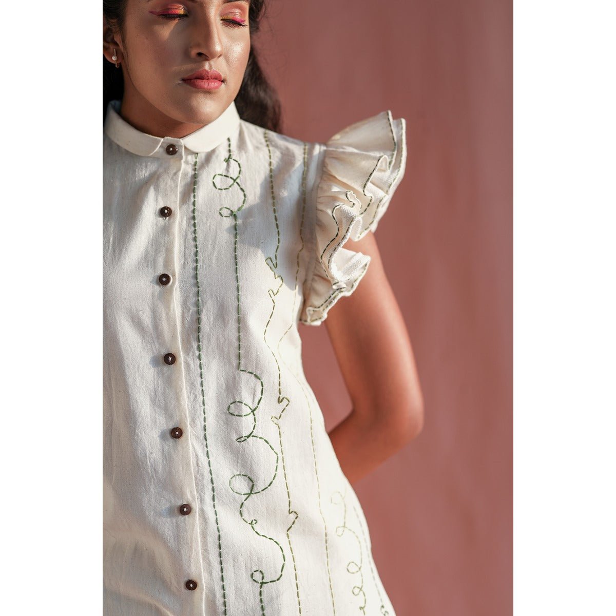 Turtledove Kurti - Hand Embroided, Ruffled Sleeves | Verified Sustainable by Brown Living™