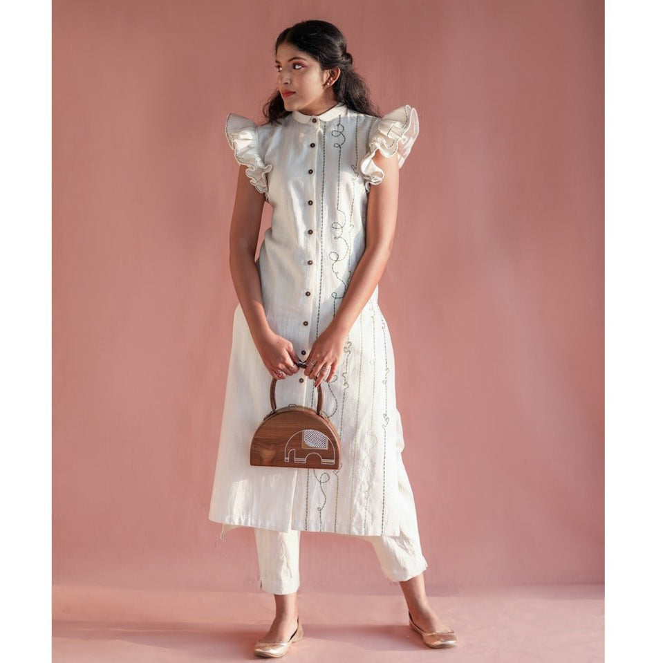 Turtledove Kurti - Hand Embroided, Ruffled Sleeves | Verified Sustainable by Brown Living™