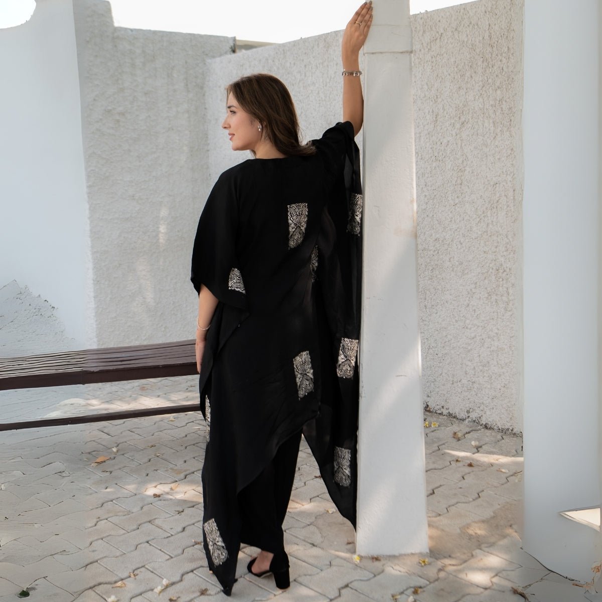 Twilight Bloom Real Silver Habutai Silk Kaftan | Verified Sustainable by Brown Living™