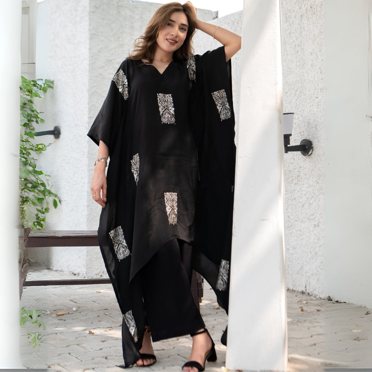 Twilight Bloom Real Silver Habutai Silk Kaftan | Verified Sustainable by Brown Living™