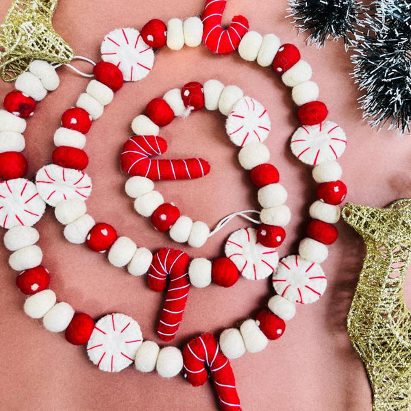 Upcycled Felt Candy Cane Garland I 3d Christmas Décor I 72 Inches | Verified Sustainable by Brown Living™