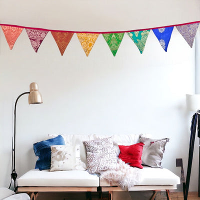 Upcycled Festive Silk Bunting – Wall Decor on Brown Living™. SKU: UMW - BUNTING - SILK - 01. Img 1.