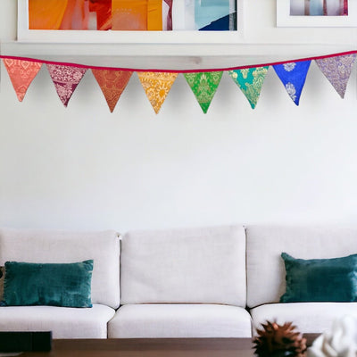 Upcycled Festive Silk Bunting – Wall Decor on Brown Living™. SKU: UMW - BUNTING - SILK - 01. Img 3.