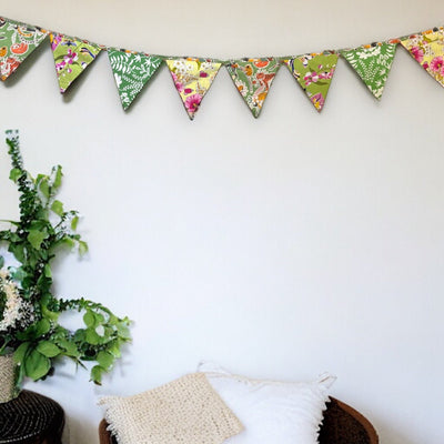 Upcycled Green Bunting – Wall Decor on Brown Living™. SKU: UMW - BUNTING - Green - 01. Img 1.