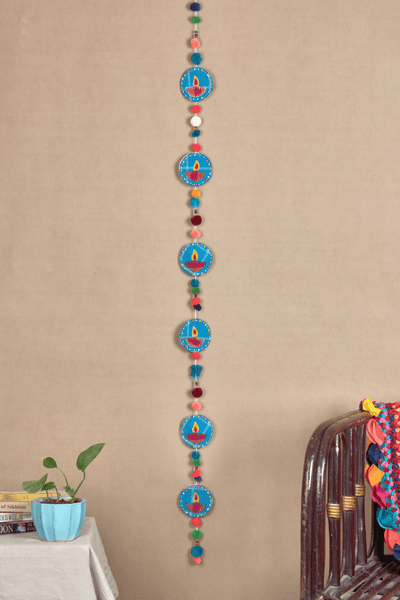 Upcycled Handmade Fabric Pom Pom Diya String – Wall Decor on Brown Living™. SKU: UMW - POMPOM - DIYA - STRING - 01. Img 4.