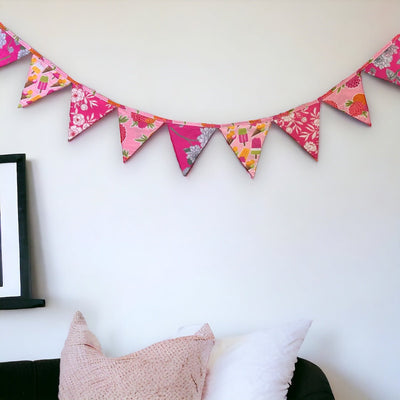 Upcycled Pink Bunting – Wall Decor on Brown Living™. SKU: UMW - Bunting - Pink - 01. Img 1.