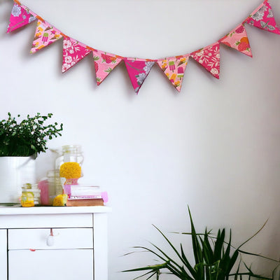 Upcycled Pink Bunting – Wall Decor on Brown Living™. SKU: UMW - Bunting - Pink - 01. Img 2.
