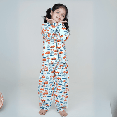 100% Cotton Wheels World Kids Collar Night Suit Set – Kids Nightwear on Brown Living™. SKU: WWD23K1. Img 1.