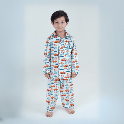 100% Cotton Wheels World Kids Collar Night Suit Set – Kids Nightwear on Brown Living™. SKU: WWD23K1. Img 4.