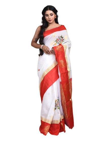 White Andhra Cotton Saree with Floral Embroidery and Red Border | Verified Sustainable by Brown Living™