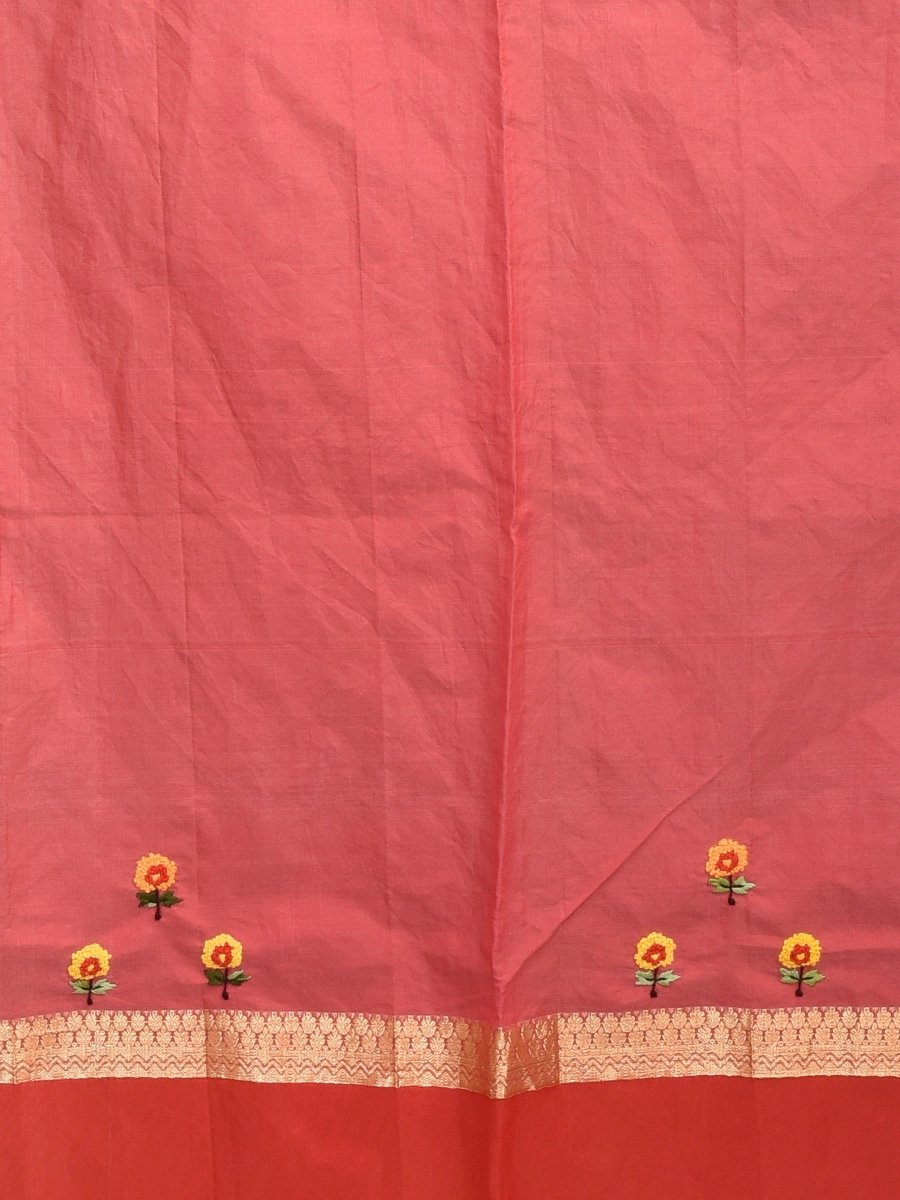 White Andhra Cotton Saree with Floral Embroidery and Red Border | Verified Sustainable by Brown Living™