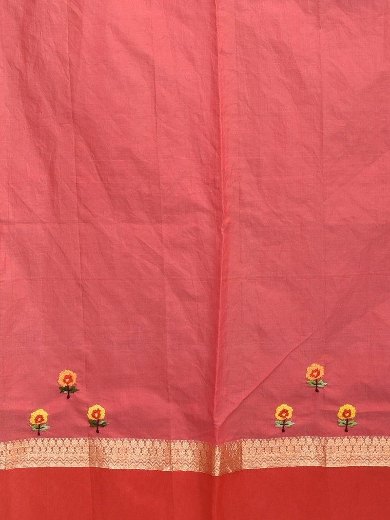 White Andhra Cotton Saree with Floral Embroidery and Red Border | Verified Sustainable by Brown Living™