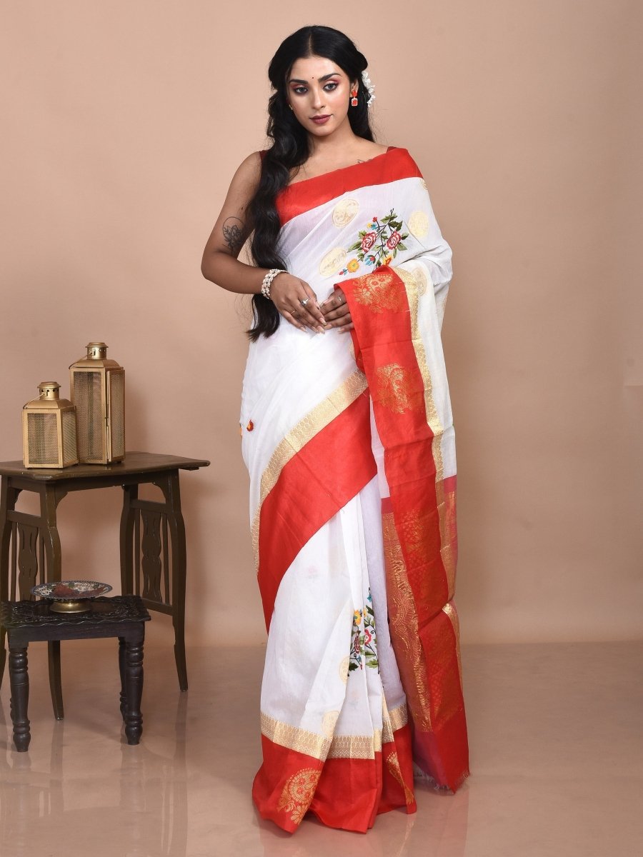 White Andhra Cotton Saree with Floral Embroidery and Red Border | Verified Sustainable by Brown Living™