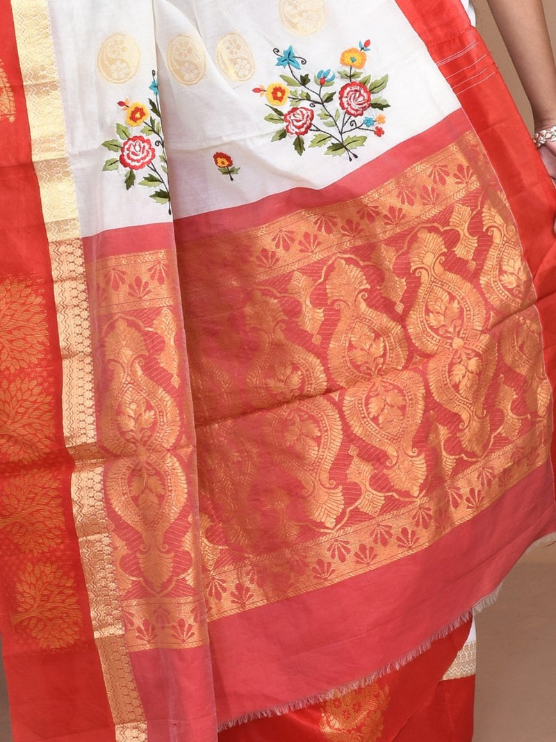 White Andhra Cotton Saree with Floral Embroidery and Red Border | Verified Sustainable by Brown Living™