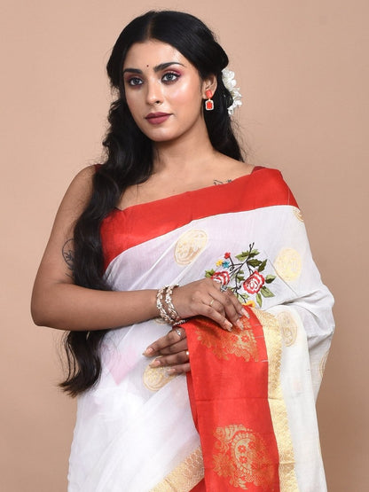 White Andhra Cotton Saree with Floral Embroidery and Red Border | Verified Sustainable by Brown Living™