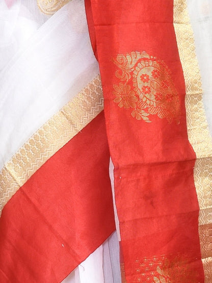 White Andhra Cotton Saree with Floral Embroidery and Red Border | Verified Sustainable by Brown Living™