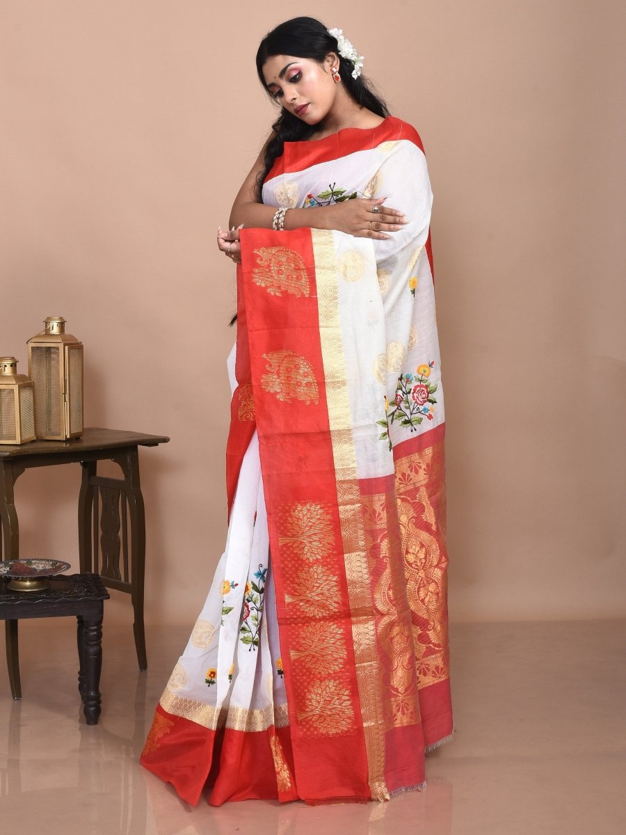 White Andhra Cotton Saree with Floral Embroidery and Red Border | Verified Sustainable by Brown Living™