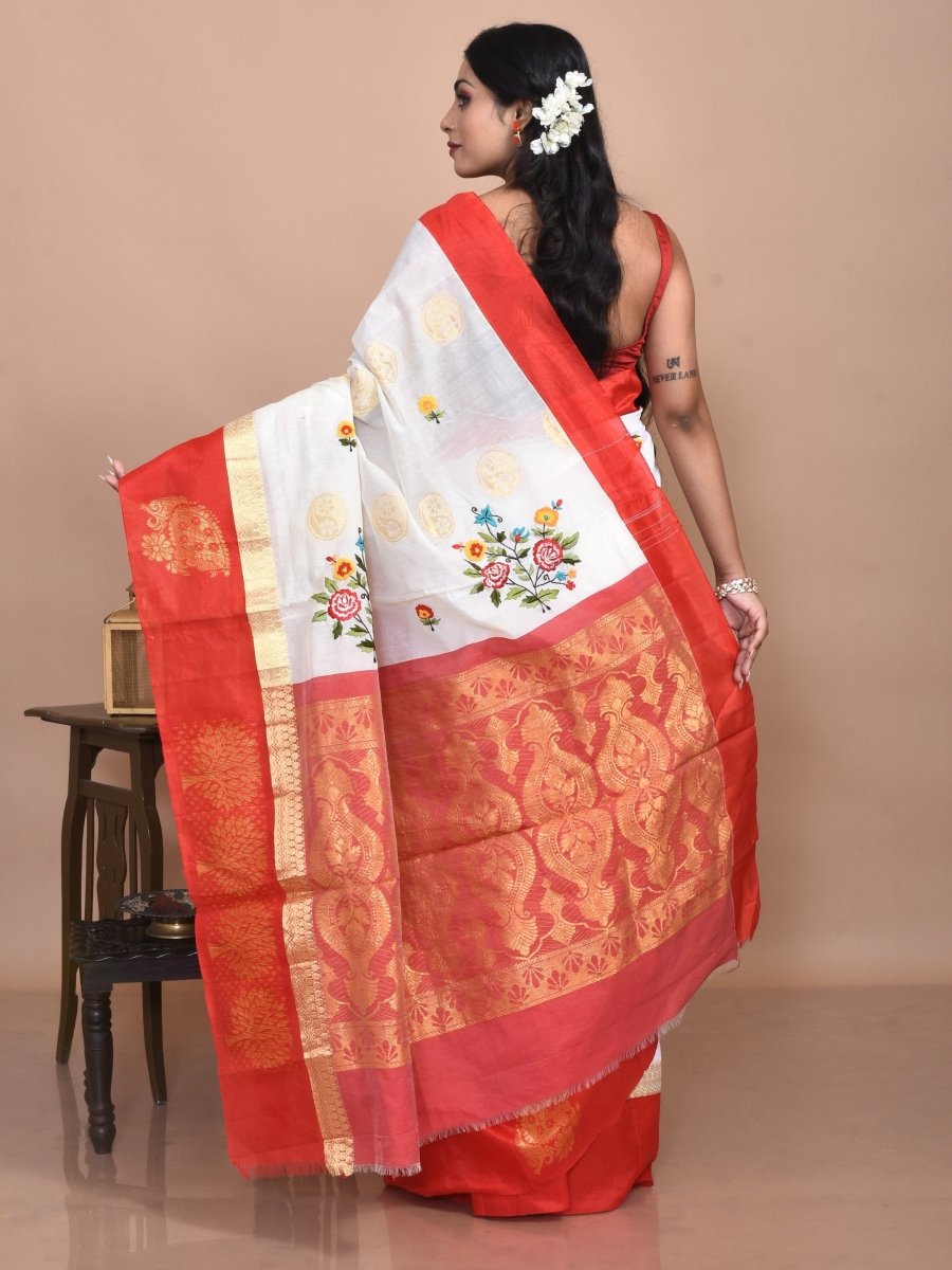 White Andhra Cotton Saree with Floral Embroidery and Red Border | Verified Sustainable by Brown Living™